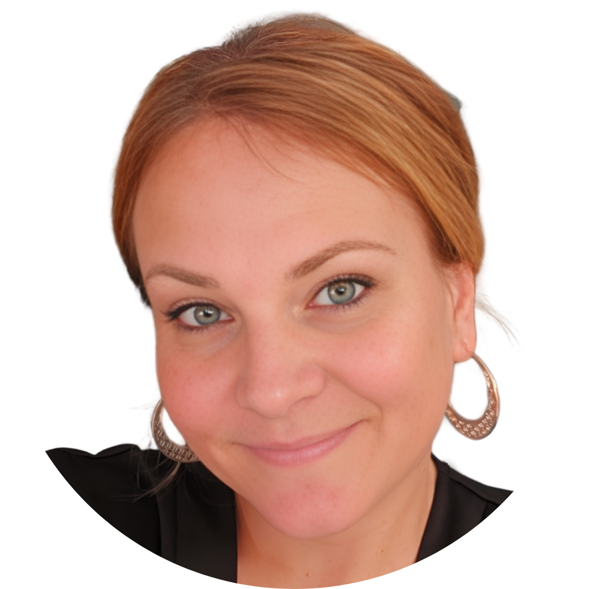 Smiling white woman in a black shirt, with her dark blonde hair pulled back and wearing large gold hoop earrings.