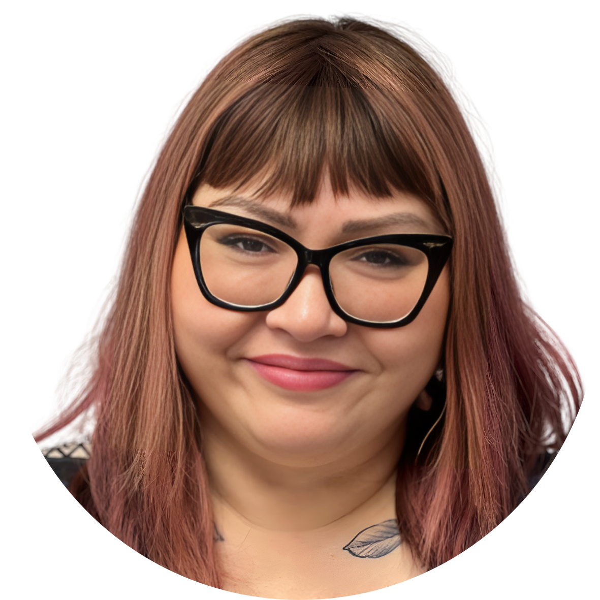 Latino woman, smiling with straight, reddish brown hair and bangs, bold, black, cat-eye glasses.